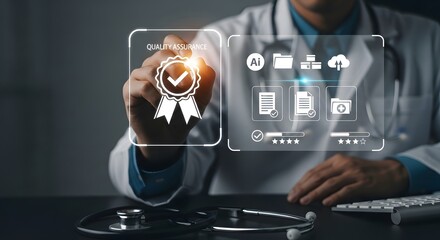Professional doctor ensuring quality assurance with modern technology for healthcare excellence and innovation in a virtual hospital setting with top ratings