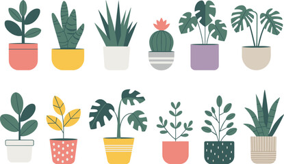 Stylized potted plants, colorful pots, botanical illustration, decorative houseplants, indoor greenery, plant variety, cozy decor, nature art, home inspiration