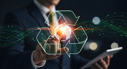 Innovative businessman promoting global sustainability and eco-friendly practices with digital interface showing recycling symbol for environmental awareness