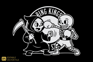 Grim Reaper and Skeleton Boxing Match Cartoon Illustration.