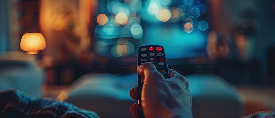 Close-up of a hand holding a TV remote in a cozy living room with warm lamp light and blurred glowing TV screen. Perfect for illustrating home entertainment, streaming, movie night, or relaxation