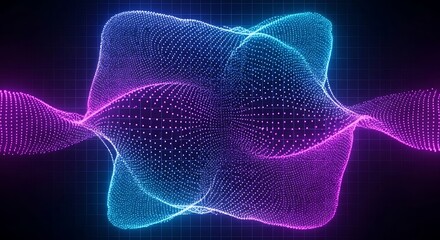 Abstract design showcasing vibrant, neon-toned glowing particles forming dynamic, swirling shapes against a dark background.