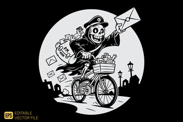 Smiling skeleton postman delivering mail on a vintage bicycle at