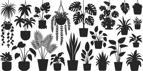 25 potted plant silhouettes, botanical vector set, hanging vines, tropical foliage icons, indoor houseplants, minimalist leaf shapes, decor graphic