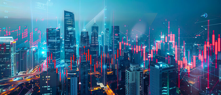 Futuristic city skyline at night with glowing skyscrapers and abstract digital financial graphs overlay. Concept of fintech, smart economy, investment, blockchain, stock market and modern technology.
