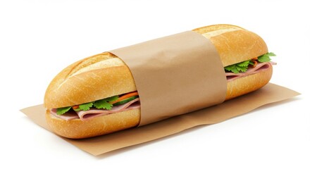 banh mi sandwich in paper wrap with clear label area on a white background for food photography