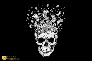Skull with Exploding Money and Coins Creative Vector Illustratio