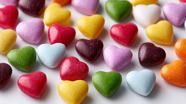 Bunch of colorful candy hearts are spread out on a white background. The candy hearts are of various colors and sizes, creating a vibrant and cheerful scene. Concept of joy and happiness