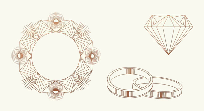 Art Deco wedding vector elements with geometric wreath, minimalist rings, and diamond shape for elegant invitations and branding