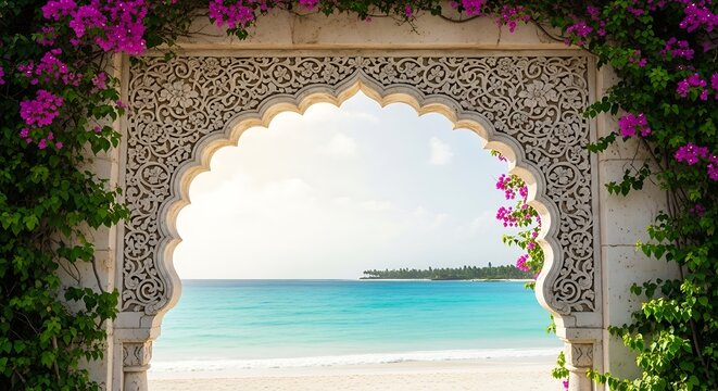 Ornate archway framed by lush bougainvillea blossoms reveals a tranquil beach scene.