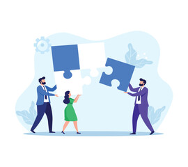 Teamwork and collaboration concept isolated on white background, people connecting puzzle pieces together
