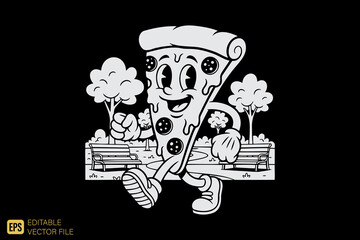 Happy Pizza Slice Character Sitting on a Park Bench with Trees.