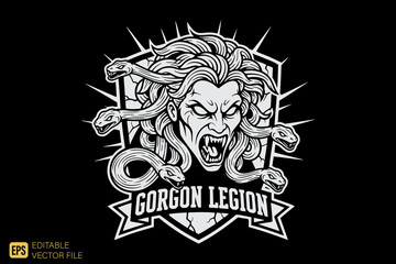 Furious Medusa Gorgon Legion Head with Snakes and Shield Emblem.