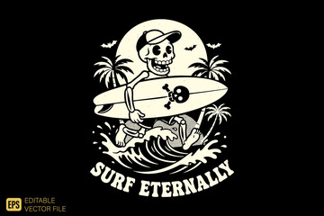 Skeleton Surfer Riding Wave with Surfboard and Cap.
