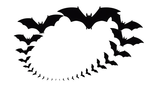 Silhouettes of bats form a circular shape, evoking a nocturnal and slightly spooky atmosphere.