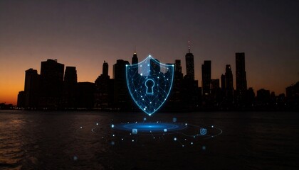 Cityscape silhouette with a digital security shield overlayed, representing network safety and protection