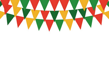 Fototapeta premium Colorful triangular flags in red, green, and yellow, creating a festive, celebratory atmosphere.