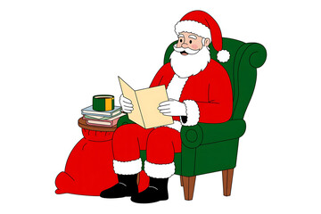 A jolly figure in a red suit sits in a green chair, reviewing a list, surrounded by gifts.