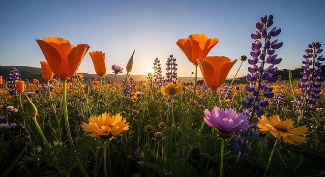 A vibrant field of wildflowers bursts with color at sunrise, showcasing orange poppies, purple lupines, and yellow daisies. - Powered by Adobe