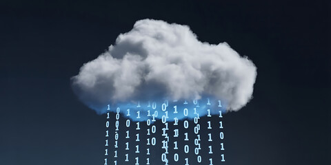 Digital rain cascades from a fluffy white cloud, symbolizing data and technological connection.