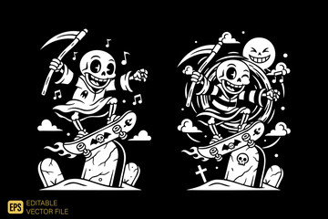 Happy Skeleton Skaters with Scythes on Gravestones Cartoon Illus