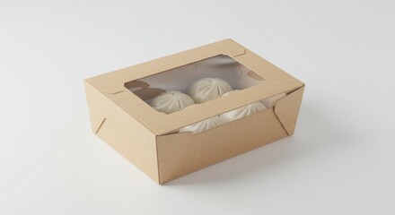 dumpling box with transparent window and branding zone isolated on a plain background for food packaging or storage purposes