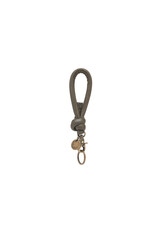 Stylish green leather keychain with antique gold hardware on white background