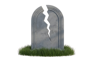 Fractured stone monument stands amidst greenery, symbolizing division, breakage, and potential transformation.