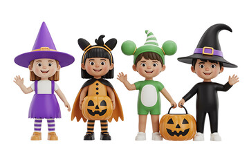 Children in Halloween costumes, smiling and holding pumpkins, celebrating the spooky season.