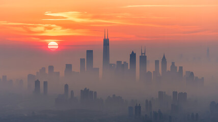 Vibrant sunset paints a hazy skyline with modern buildings silhouetted against the fiery glow.