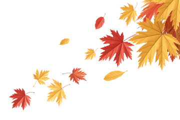 Vibrant autumn leaves in shades of red, orange, and yellow gently falling.