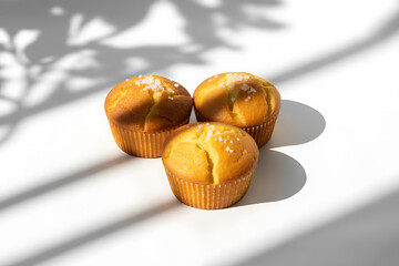 Three golden muffins dusted with sugar sit on a white surface, bathed in bright sunlight.