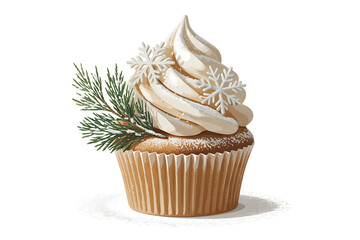 A frosted cupcake decorated with snowflakes and evergreen sprigs, evoking a wintery treat.
