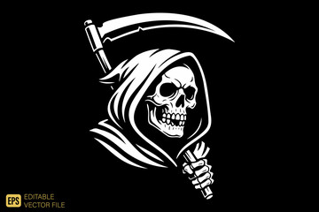 Grim Reaper Skull with Scythe Monochrome Illustration.