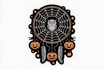 Dreamcatcher design features an owl, spiderweb, pumpkins, and feathers, evoking a spooky Halloween vibe.