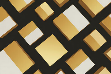 Geometric abstraction featuring intersecting gold and white blocks against a dark background.