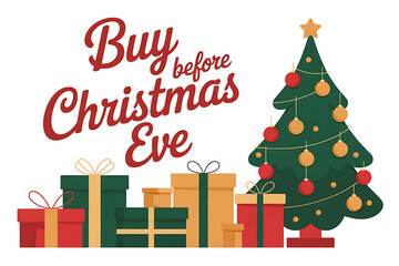 Festive gifts and a decorated Christmas tree promote early holiday shopping excitement.