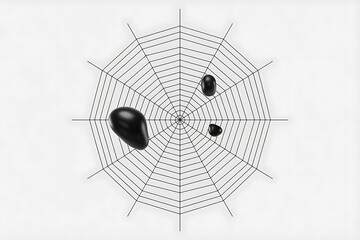 Geometric spiderweb design with dark, irregular shapes suspended within its intricate structure.