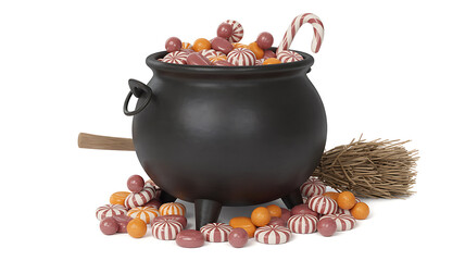 A dark cauldron overflows with colorful candies and striped sweets, evoking festive holiday cheer.