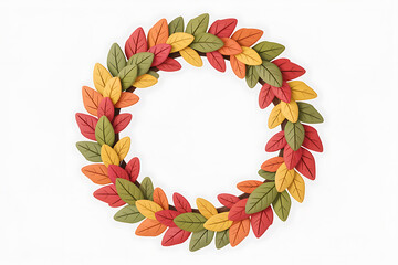 Autumn leaves form a circular wreath, displaying warm colors and seasonal beauty.
