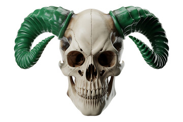 A skull adorned with striking green horns, evoking a sense of dark fantasy and mythical power.