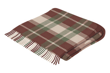 Warm, cozy plaid blanket with fringe, displaying classic autumnal colors and a traditional woven pattern.