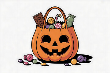 Pumpkin-shaped basket overflows with various colorful candies, evoking a festive Halloween treat.