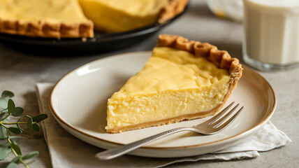 A slice of creamy yellow custard pie sits on a plate with a glass of milk nearby.
