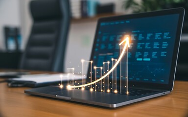 A laptop displaying a rising graph with an upwardpointing arrow, symbolizing business growth and success, set against a backdrop of a modern office environment