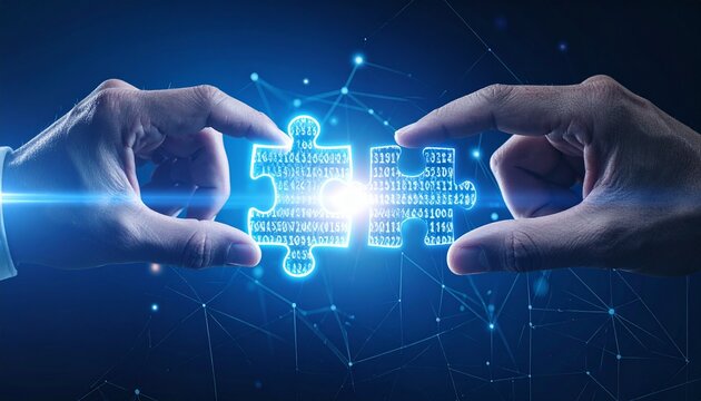 Two hands connecting puzzle pieces symbolizing collaboration and solution. A digital illustration depicting two hands connecting glowing puzzle pieces, signifying unity and problem-solving
