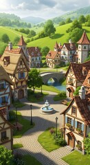 A picturesque, sun-drenched village nestled in a verdant valley, showcasing charming half-timbered houses with terracotta roofs, a central fountain, and a meandering pathway.