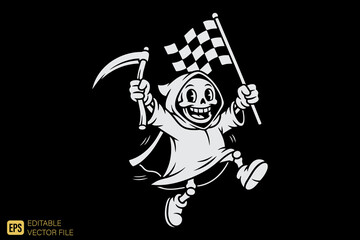 Happy Grim Reaper Cartoon Character Holding Scythe and Checkered