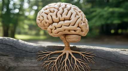Human brain with roots growing from it, emerging from a rock, set against a lush green background.