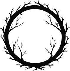 Circular wreath of bare tree branches silhouette isolated on white background isolated on transparent background